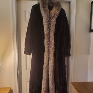 Full length mink coat with fox trim
